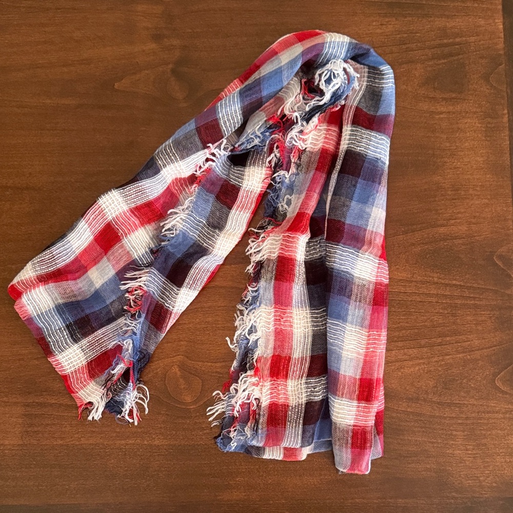 Plaid Fringe Scarf in Red, White, and Blue